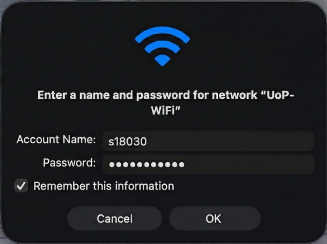 macOS Wi-Fi connection screen